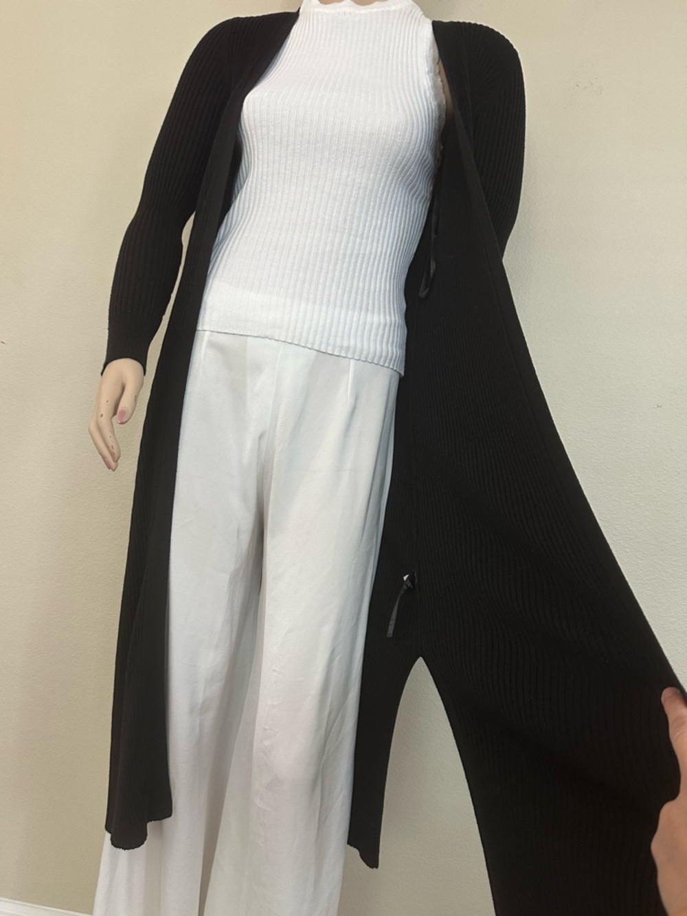 WHBM Black Long Sleeve Open Front Midi Duster Cardigan Sweater - Picture 3 of 7